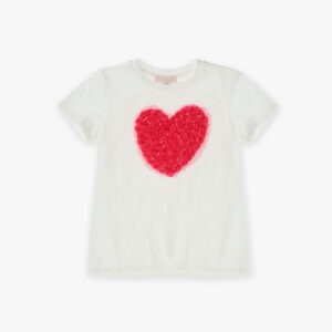 T-shirt bianca con cuore con rose ciliegia in rilievo PLEASE