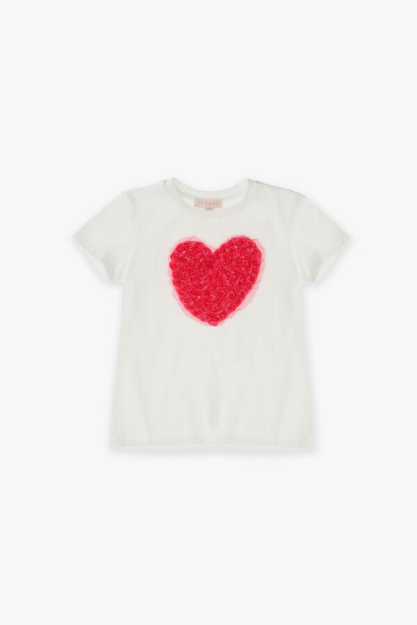 T-shirt bianca con cuore con rose ciliegia in rilievo PLEASE